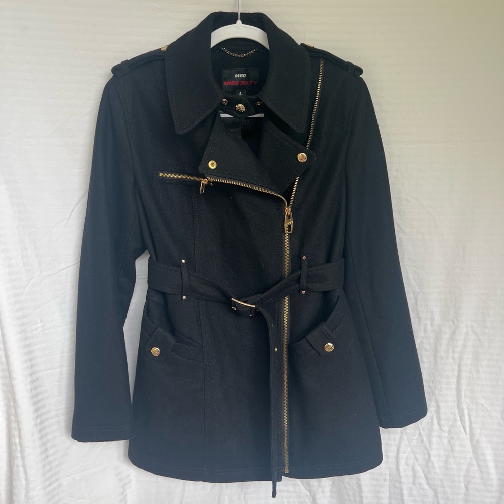 Miss Sixty Black Trench Coat with Gold Accents
